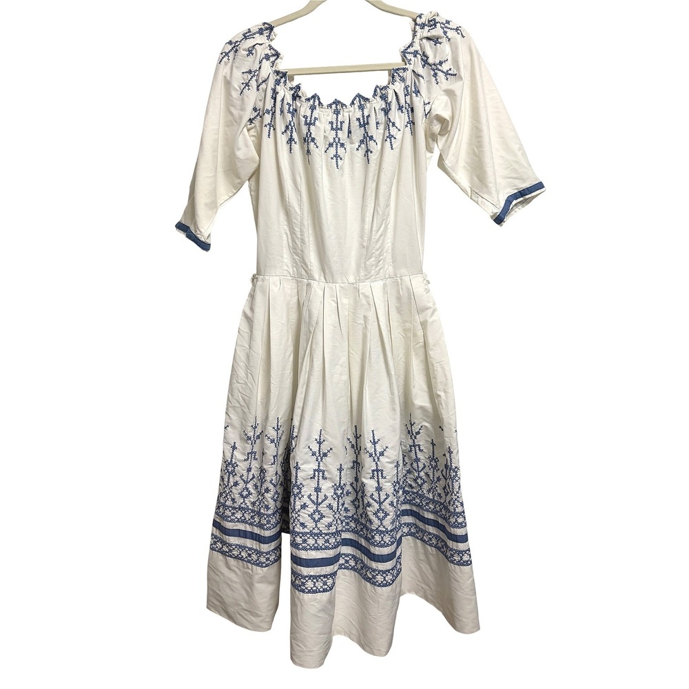 Handmade Vintage Embroidered Boho White Blue Midi Dress Folk Peasant S